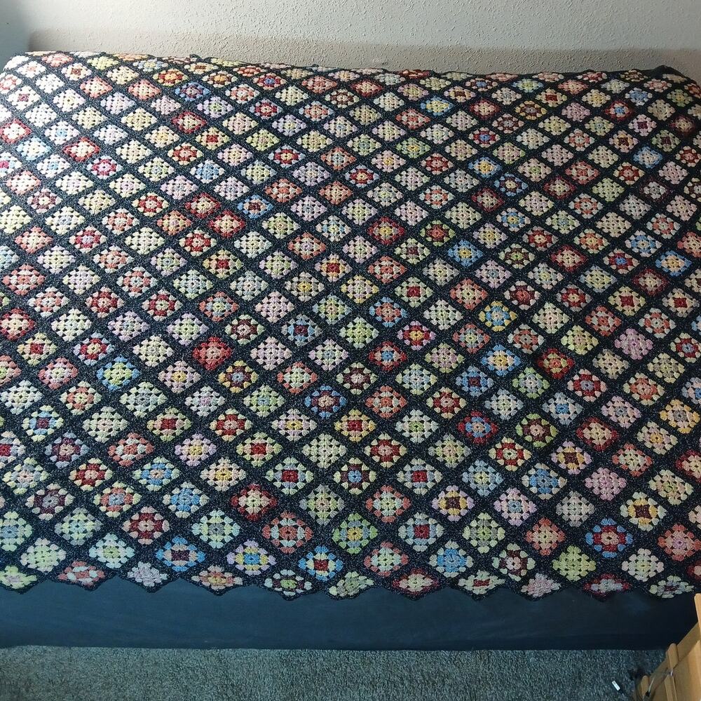 Diagonal Granny Square Multicolor Crochet Afghan Sparkly Yarn Not Bulky